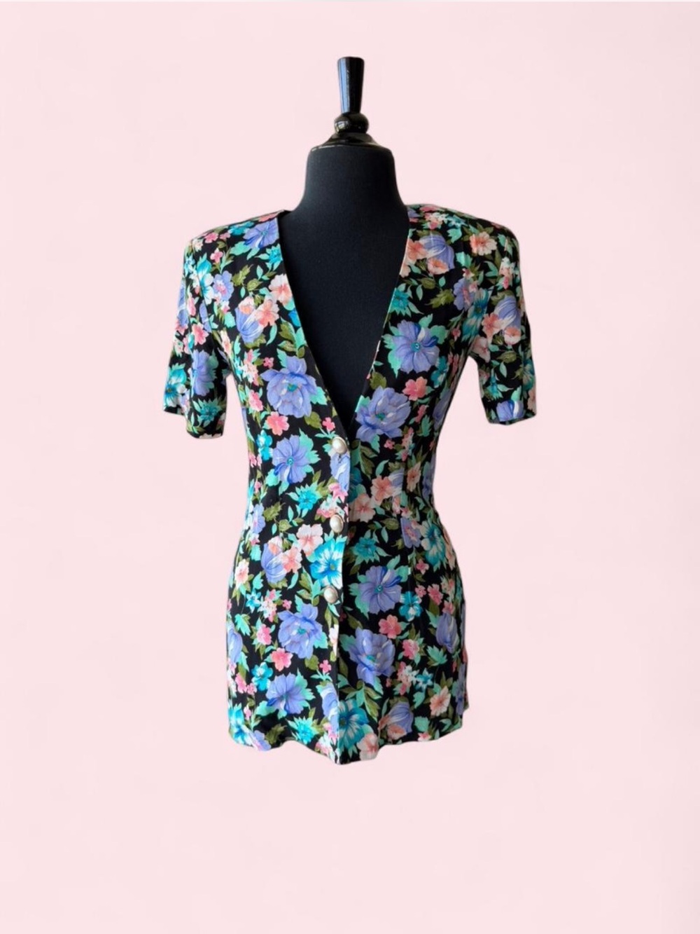 Vintage 90s Rampage Black Floral Blazer with Blue & Pink Blooms &Pearl Buttons